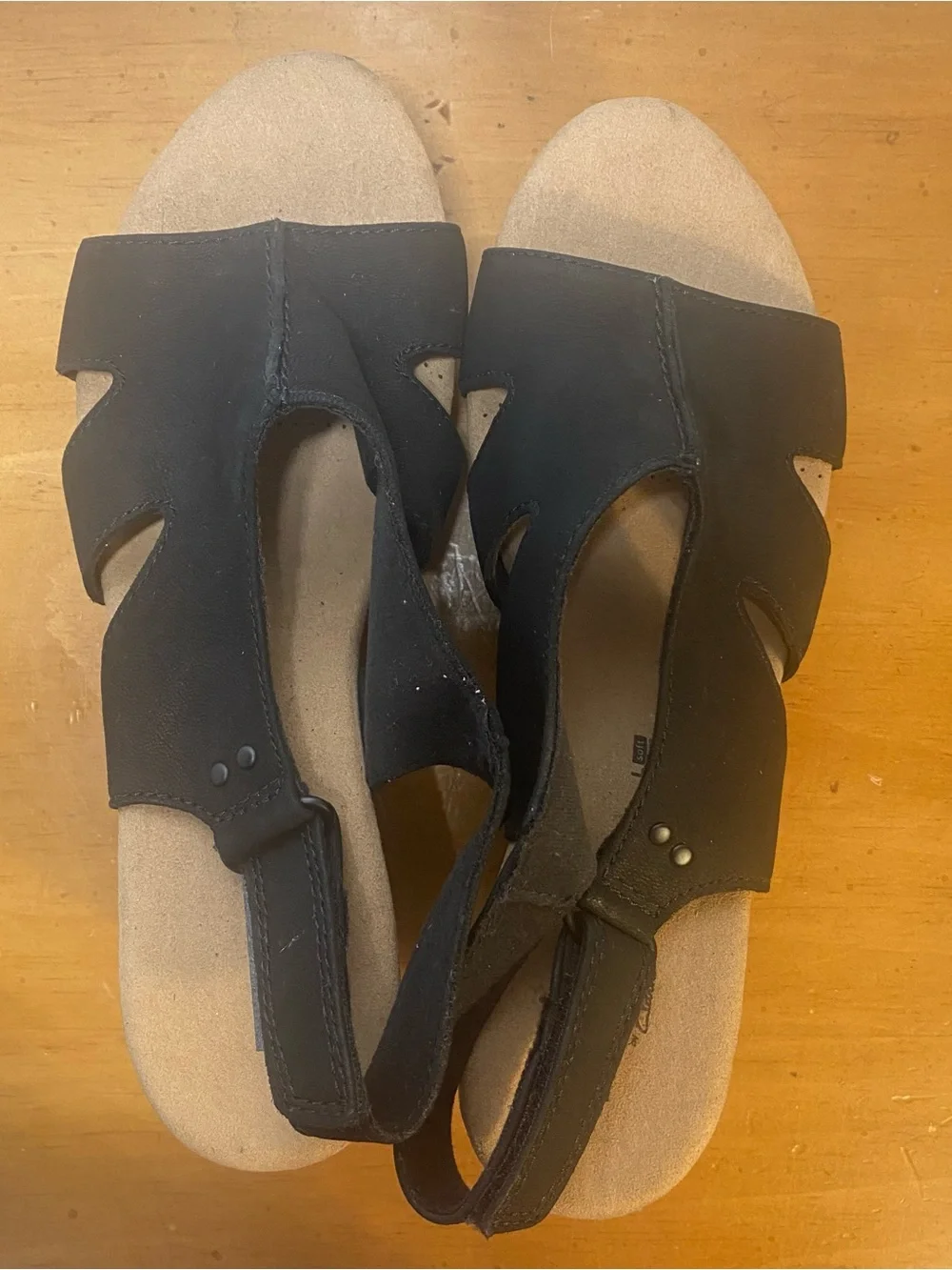 Clarks Women's 9 Annadel Bari Black Leather Slingback Open Toe Wedge Sandals